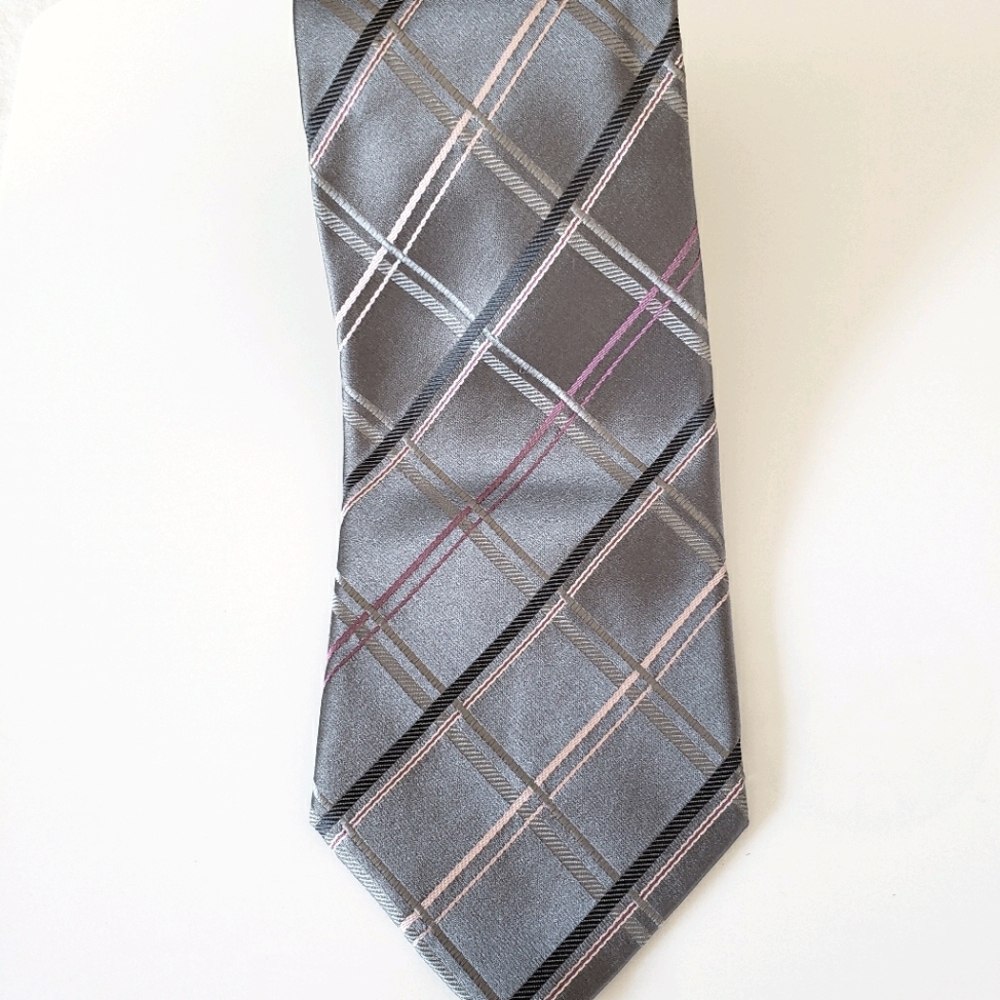 Men's Silver Silk Plaid Tie